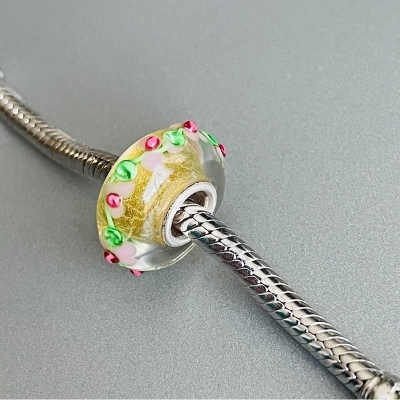 Bling Jewelry Gold Pink Flower 3D Lamp Murano Glass Sterling Silver Bead… - Picture 3 of 10